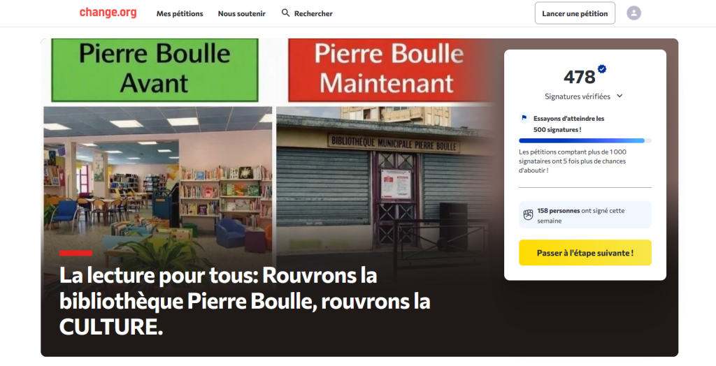 La pétition : https://www.change.org/p/la-lecture-pour-tous-rouvrons-la-biblioth%C3%A8que-pierre-boulle-rouvrons-la-culture